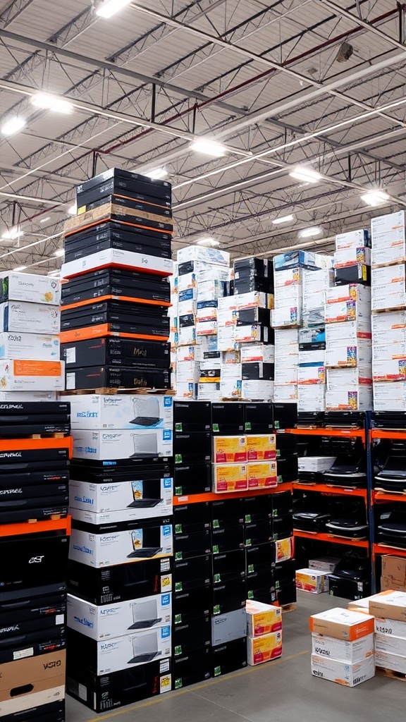 Stacks of electronics boxes in a warehouse setting with high ceilings.