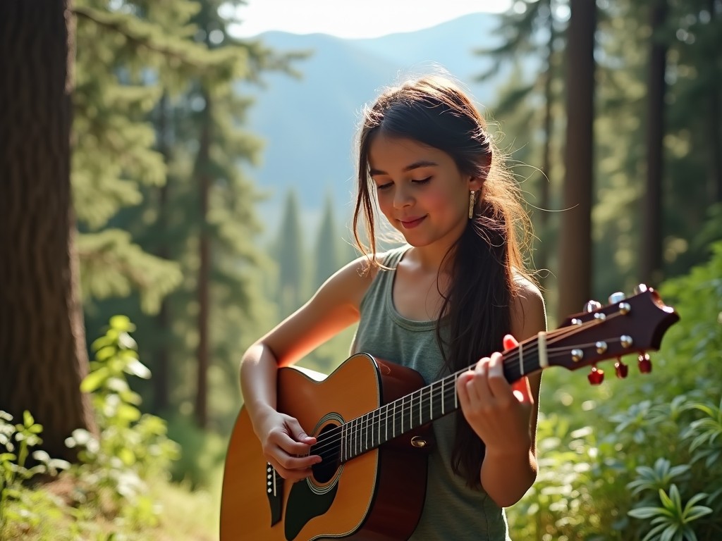 A young girl playing acoustic guitar in a forest, surrounded by tall trees and soft sunlight, evoking a sense of peace and harmony with nature.