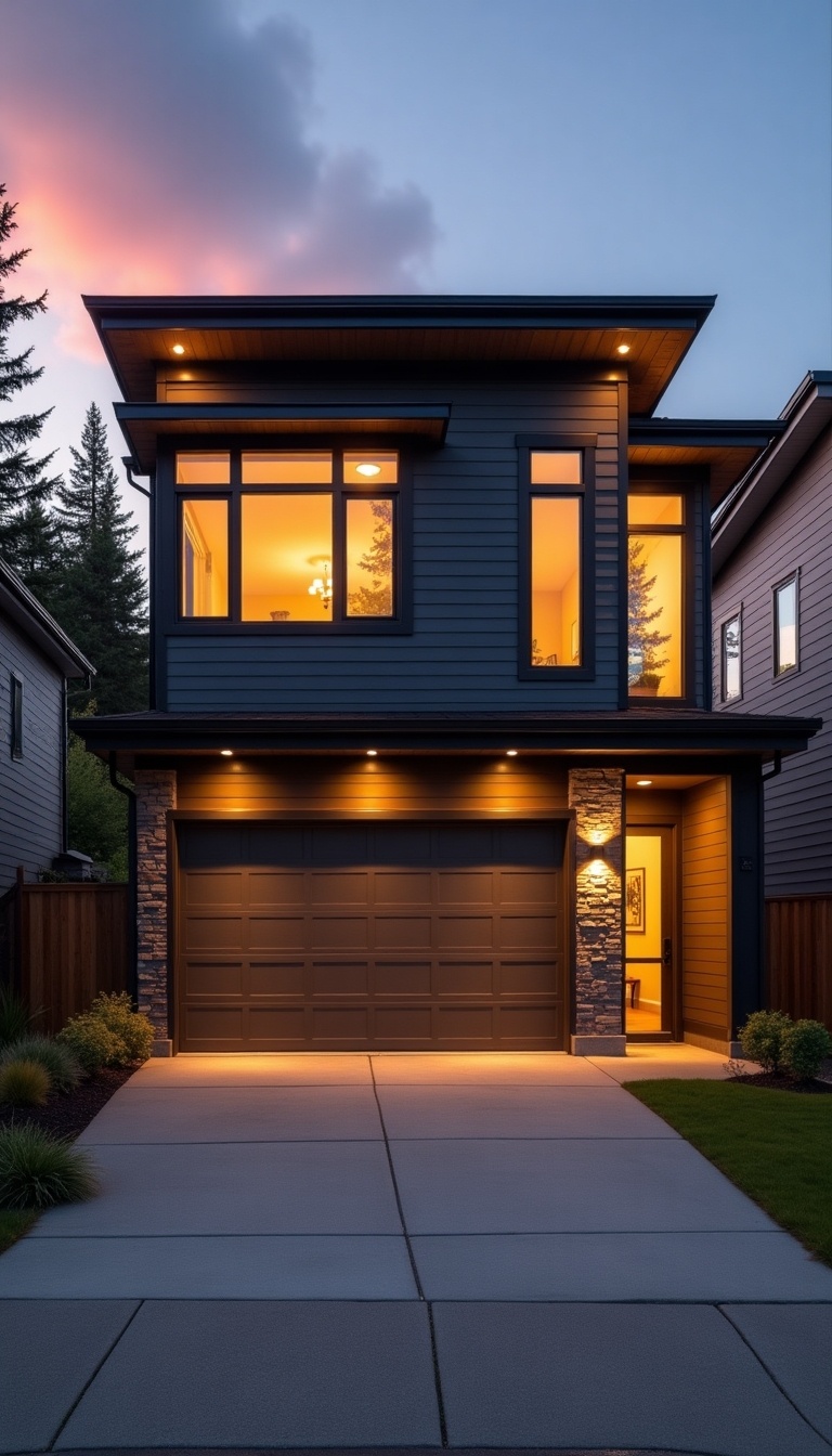 This image showcases a modern house, beautifully lit during the evening hours. The facade features a combination of earthy neutral colors and sleek design elements. A well-maintained driveway leads up to the garage, which is also illuminated. The warm glow from the windows invites one inside, showcasing a welcoming atmosphere. Tall trees frame the sides of the property, enhancing the serene environment. The setting sun in the background adds a panoramic view that complements the home's design.