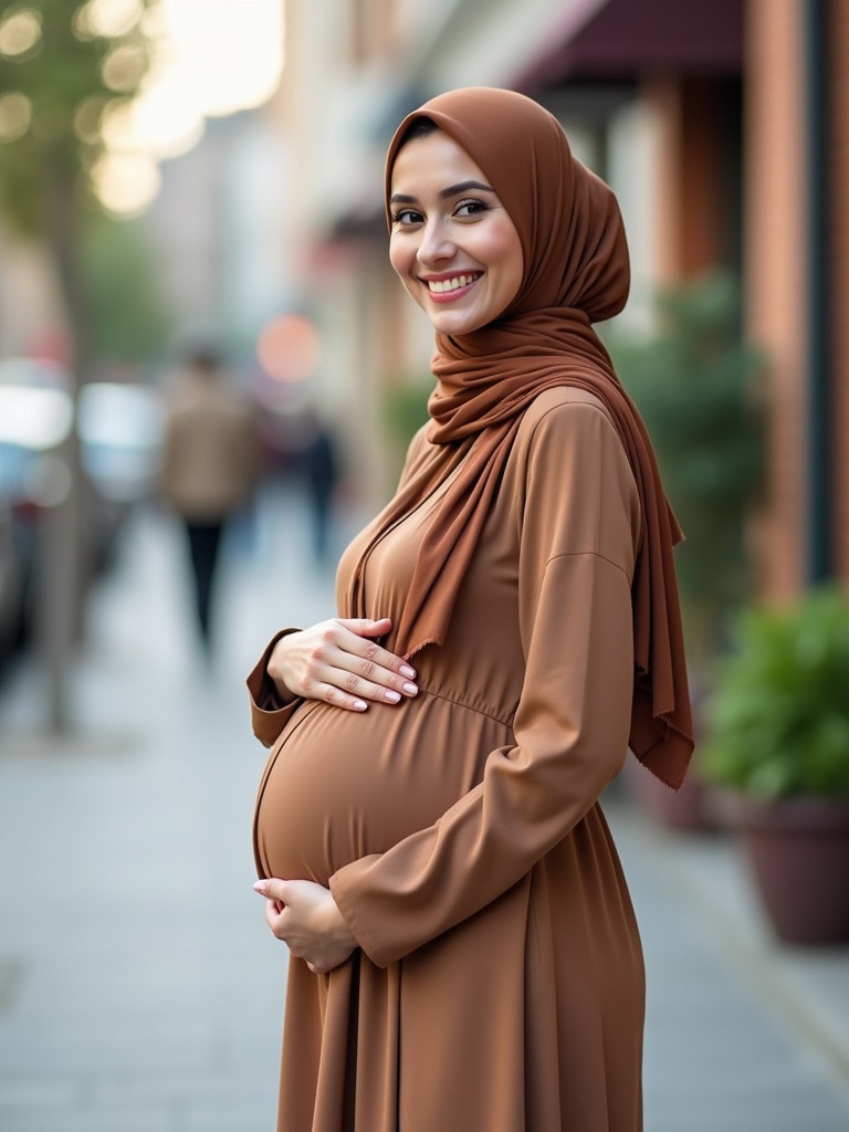 Stylish pregnant woman wearing brown hijab standing in urban setting smiling warmly dressed elegantly