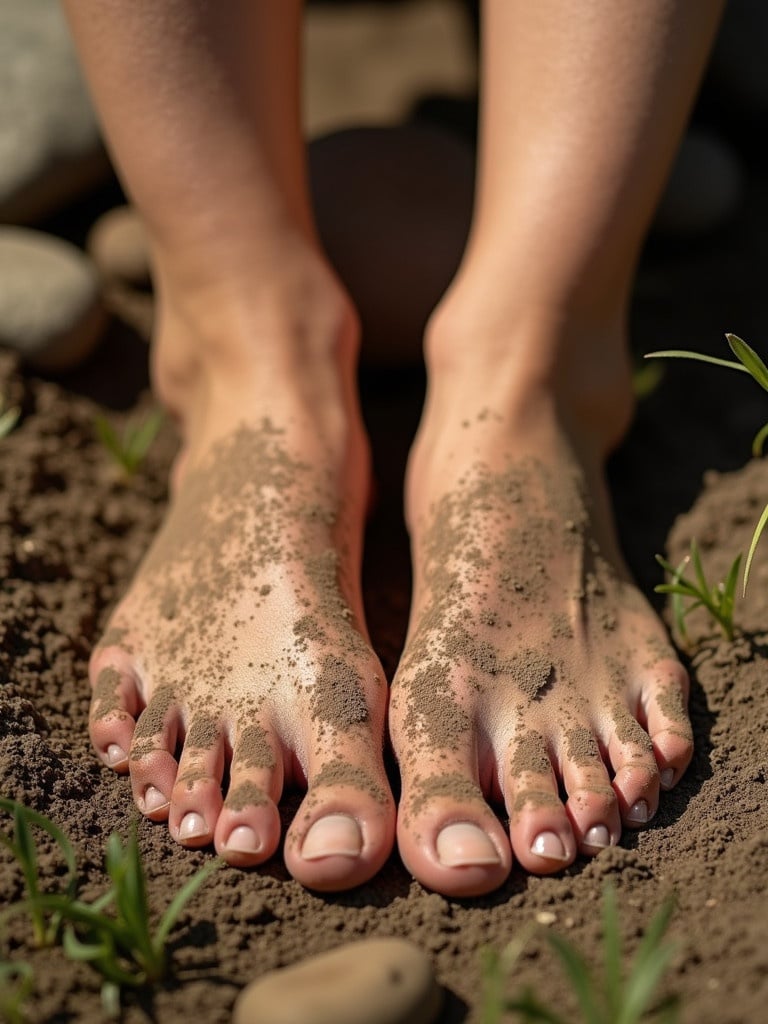 Close-up of dirty female feet in sandy soil. Feet display dirt and natural elements. Green grass and small stones are visible nearby. Natural light highlights the textures and colors.