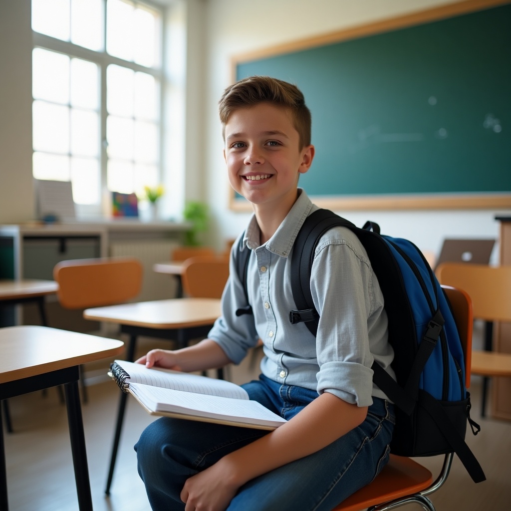 13 year old boy sitting on a chair in a classroom with a backpack and notebook holding a smile