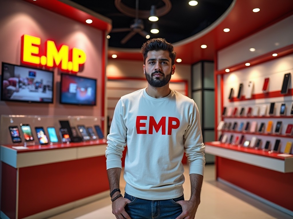 A man standing confidently in a modern tech retail store with electronic gadgets displayed around, wearing a shirt with the letters 'EMP'.