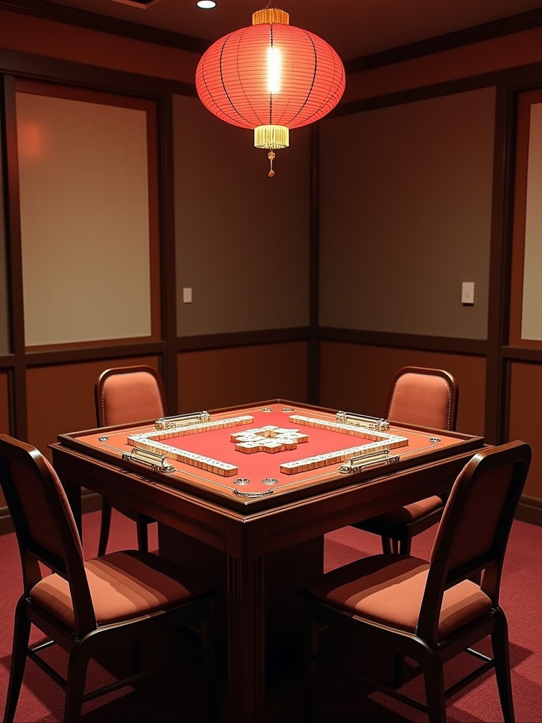 Photo of a mahjong room featuring a square mahjong table and four empty chairs. The table is neatly set with mahjong tiles. A red lantern illuminates the scene. The room has a warm color scheme.