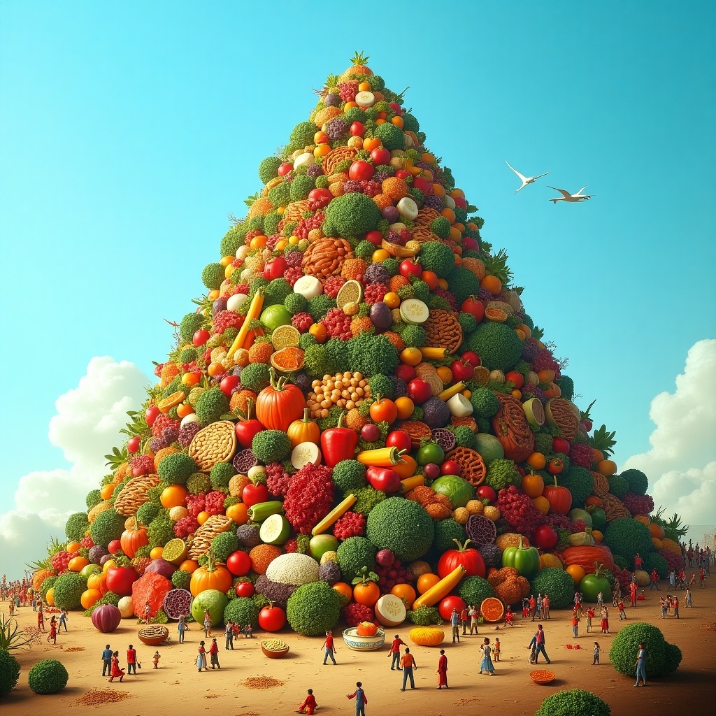 This image depicts a massive pyramid made entirely of various fruits and vegetables, showcasing the potential of food abundance. The pyramid towers majestically against a clear blue sky, symbolizing the idea of feeding billions of people. Small figures can be seen at the base, emphasizing the scale and richness of the food. The bright colors of the produce evoke feelings of freshness and health. This stunning arrangement emphasizes sustainability and the importance of nutrition in our daily lives.