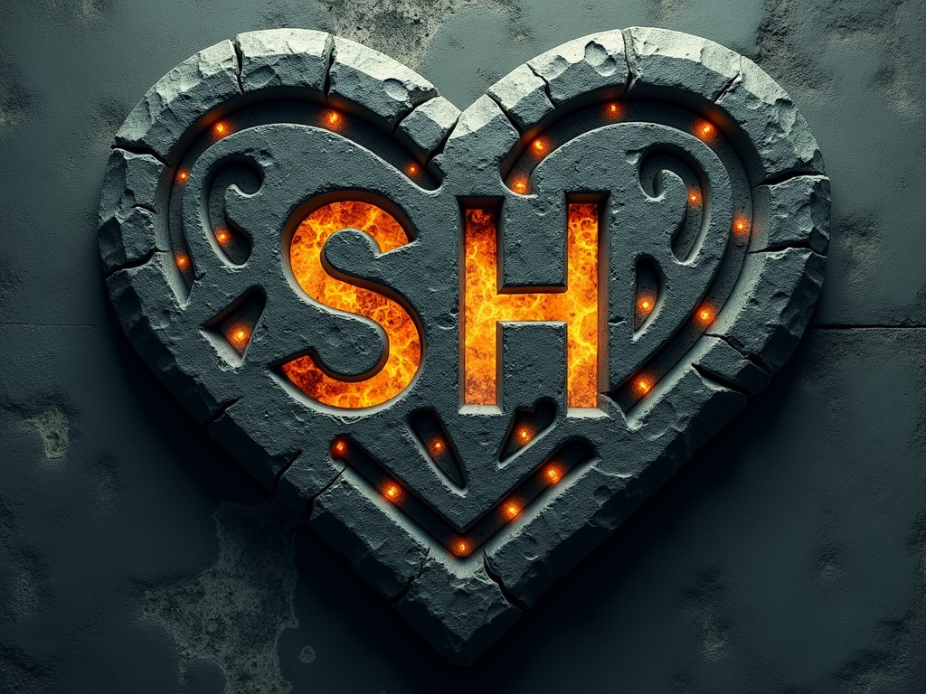 This image showcases the letters 'S' and 'H' embedded in a stone heart. The design combines a rough, ancient-looking texture with a vibrant, fiery background that illuminates the letters from within. Small glowing orbs accentuate the heart, adding an element of warmth and intensity to the otherwise cool-toned stone texture.