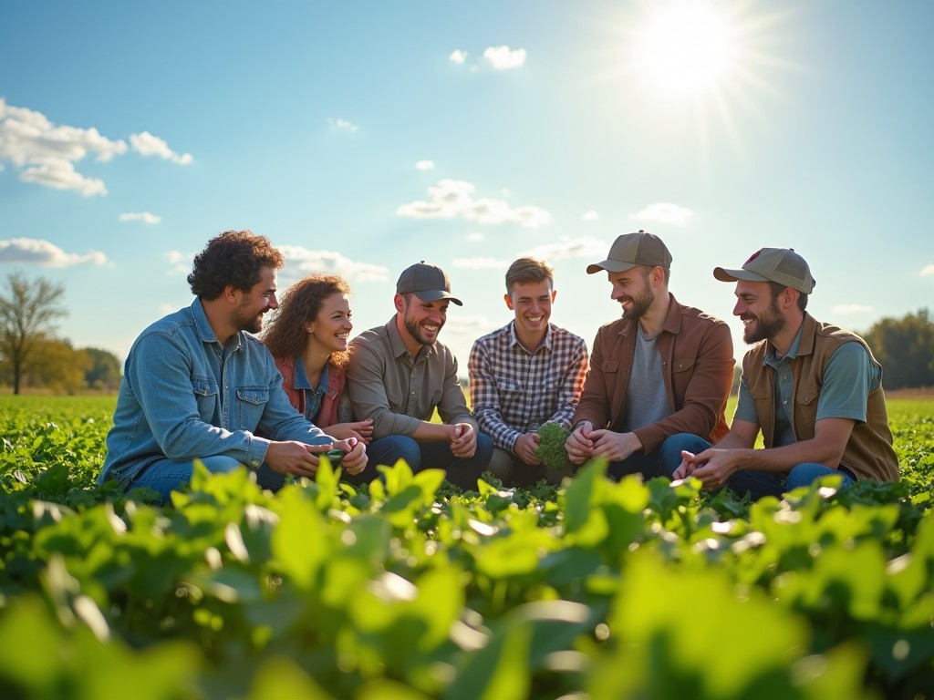 A group of people sitting in a field under the sun, engaging in discussion, wearing casual farm clothes and caps, with green plants around them, bright day with clear sky.