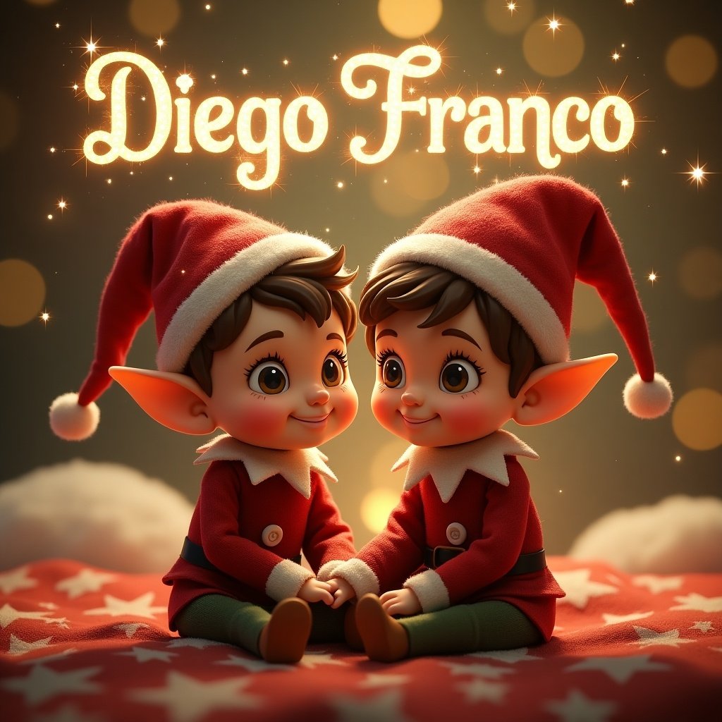 Create a charming scene featuring two elves: a baby boy elf with short brown hair and another boy elf with short brown hair. They should be sitting together in a cozy, festive setting. Above them, write the names 'Diego' and 'Franco' in shimmering letters surrounded by sparkles. The background should have a magical, starry ambiance, enhancing the cheerful holiday spirit. Convey a sense of joy and whimsy in the design.