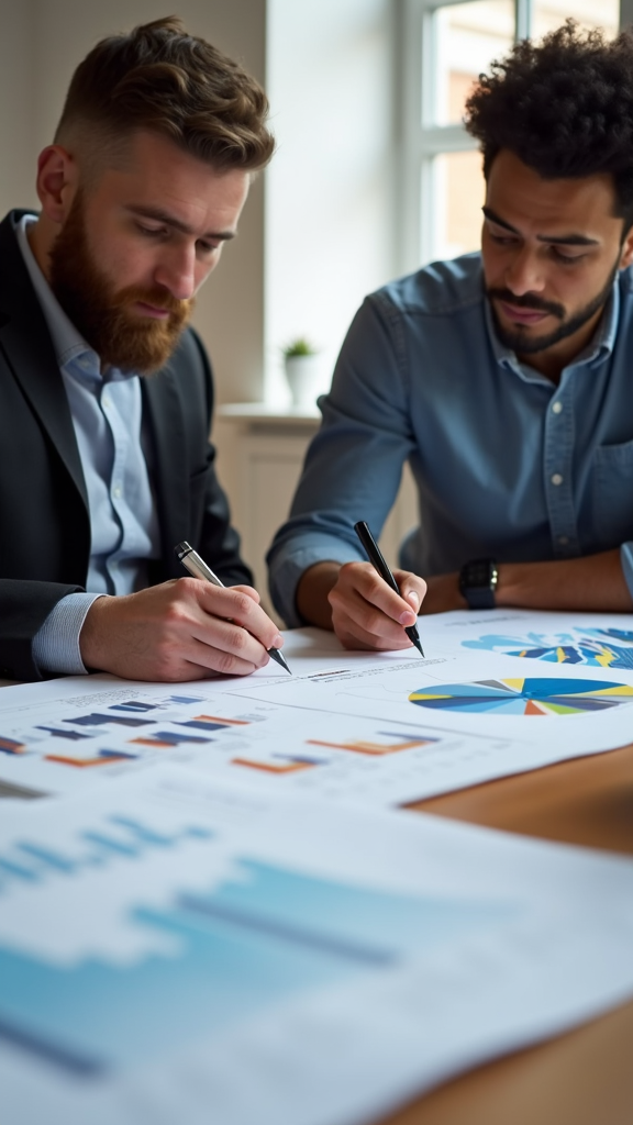 Two men are concentrating on reviewing charts and graphs on a desk.