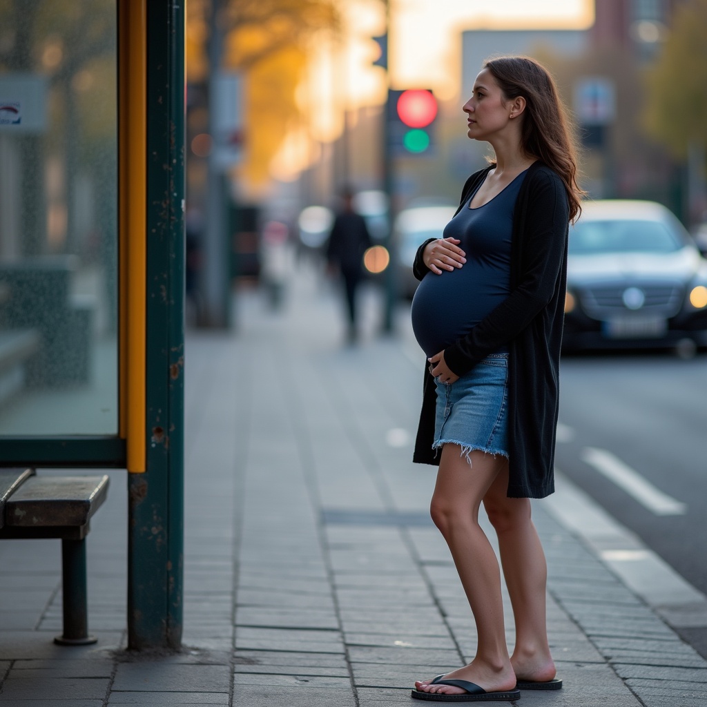 A pregnant woman standing at a bus stop, looking contemplative, in an urban setting.