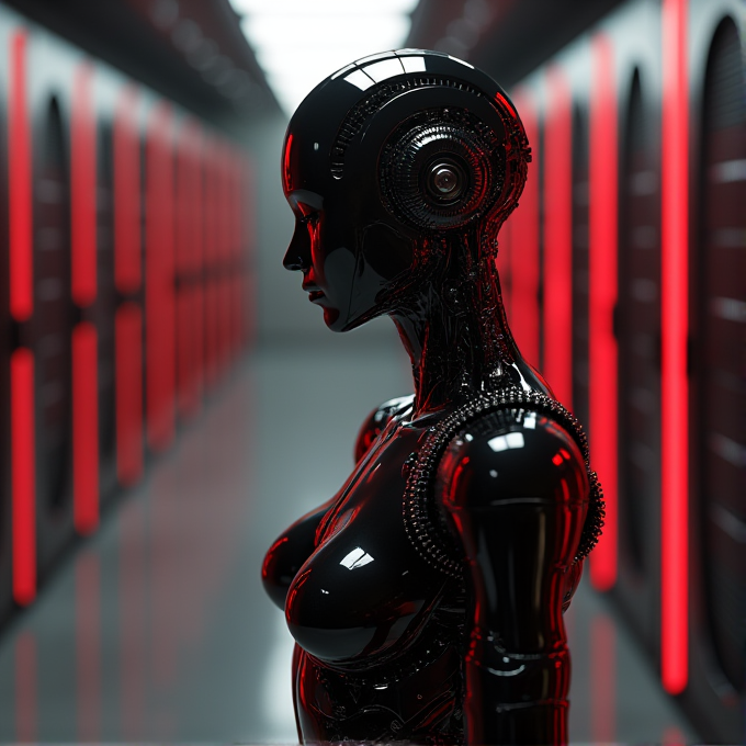 A sleek, black android with intricate details stands in a red-lit hallway.