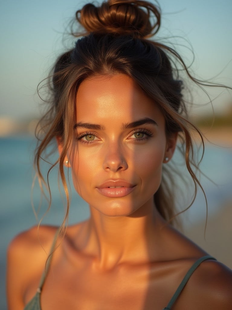 Image features a woman with a sun-kissed complexion and confident gaze. Hair styled in a messy top knot. Ambient light highlights her features against a serene background.