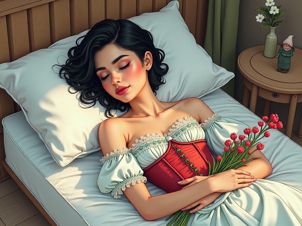 The image depicts a serene scene of a young woman sleeping in a beautifully arranged bedroom. She has dark, curly hair and is wearing a vintage dress with a fitted bodice. In her arms, she holds a bouquet of tulips, which adds a touch of color to the gentle ambiance. The soft lighting bathes the room, highlighting the peacefulness of the moment. A small table with a flower vase and a gnome figurine adds charm to the setting. Overall, it's a romantic and dreamy portrayal.