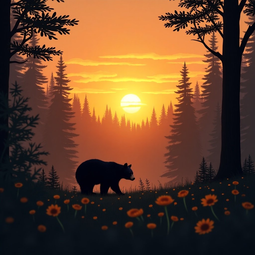 Beautiful sunset with lush forest background silhouette of black baby bear