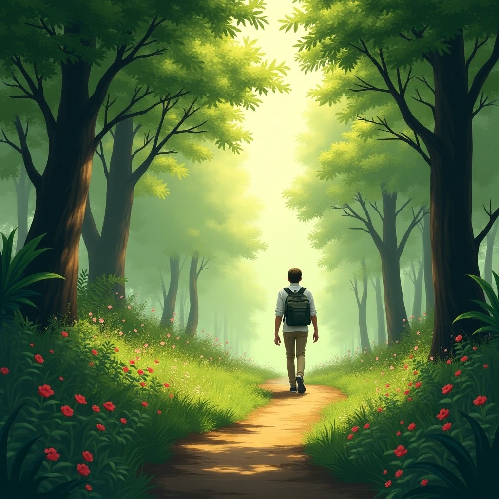 A serene forest scene features a person walking along a well-trodden path surrounded by lush greenery. Soft morning light filters through the trees, creating an inviting and peaceful atmosphere.