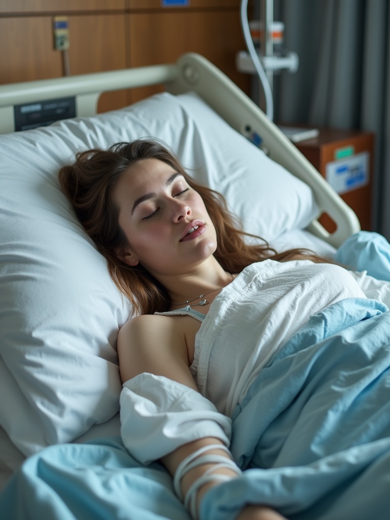 A young woman resting in a hospital bed. The room has a calm and clinical atmosphere. The woman is wearing a hospital gown and is covered with a light blanket. The scene conveys a sense of rest and care.