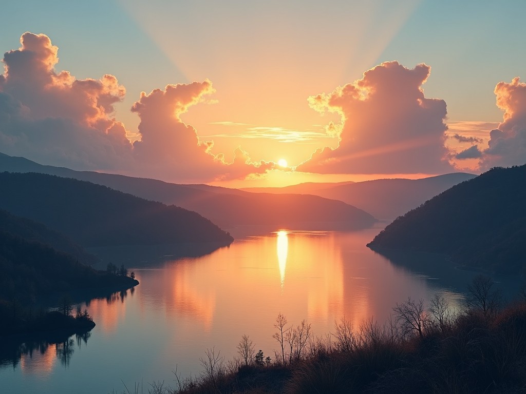 A serene sunset over a tranquil lake surrounded by mountains, with the sky painted in warm hues of orange and pink, reflecting on the water below.