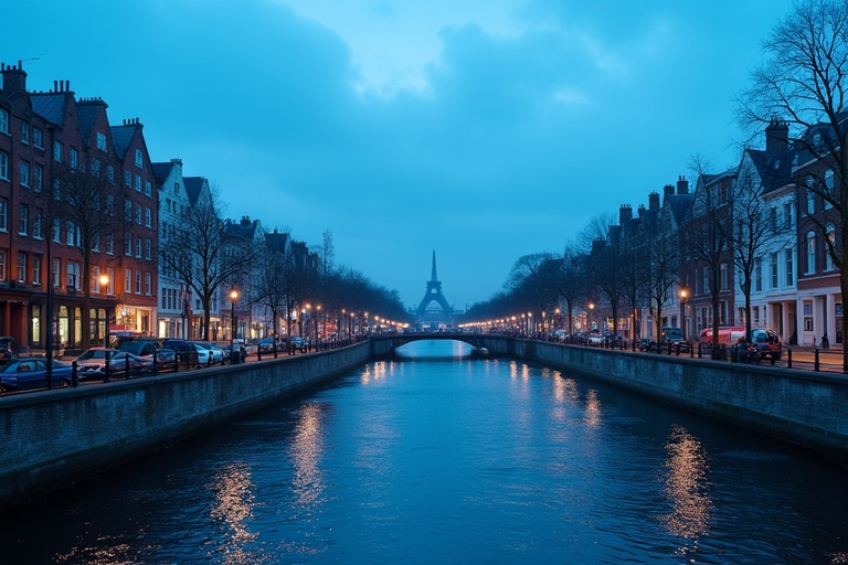 Dublin cityscape featuring Eiffel Tower in blue tones. River in the foreground reflects city lights. Evening ambiance with toned clouds.