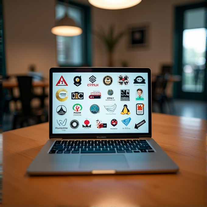 A laptop screen displaying a grid of diverse logos, set on a wooden table in a modern office setting with blurred background.