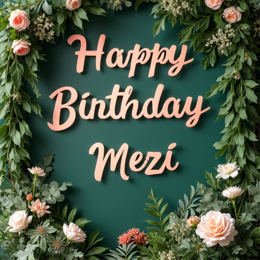 Garden themed banner with the text Happy Birthday Mezi. Deep green background with rose gold lettering surrounded by flowers and greenery. No people in the image.