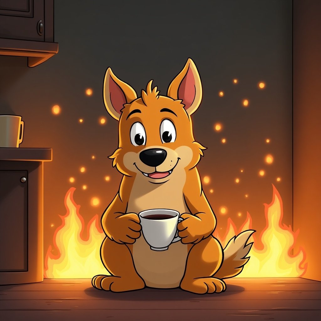 Cheerful cartoon dog sitting calmly with coffee mug surrounded by flames. The setting is cozy with warm colors.