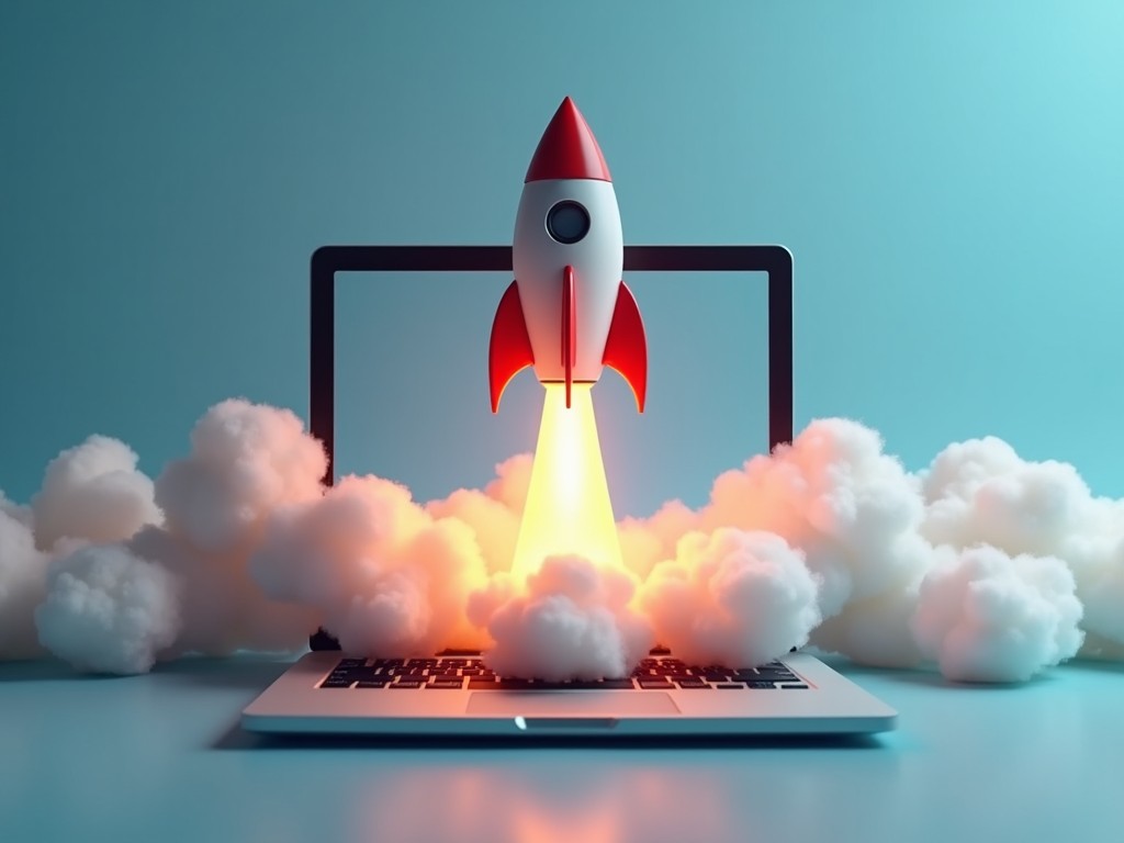 A 3D rocket emerges from a laptop screen. The scene is filled with fluffy clouds surrounding the rocket. The exhaust from the rocket glows with bright orange light. This imagery symbolizes innovation and digital advancement. The color scheme includes light blue, white, and red, creating a vibrant atmosphere.