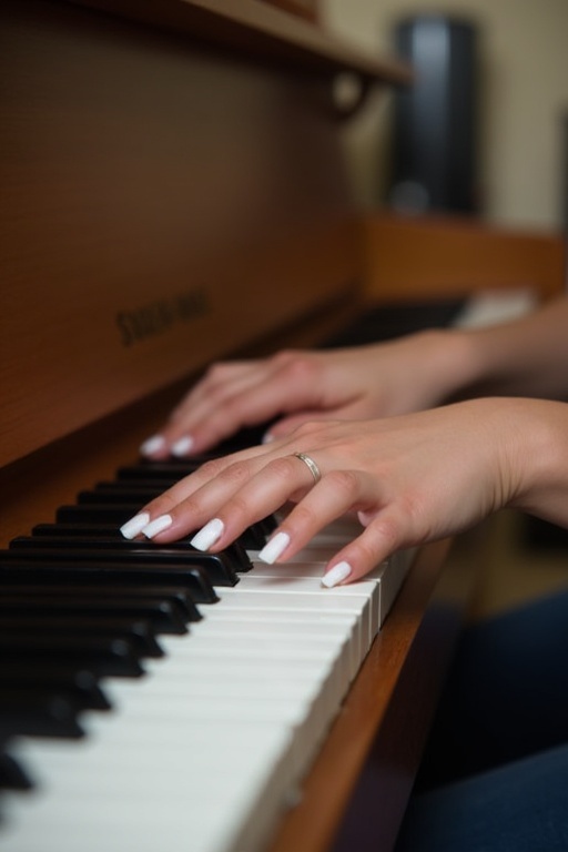 Close-up of a young woman's hands playing piano. White nail polish visible on her fingers. Piano keys in focus with the hands positioned over them.