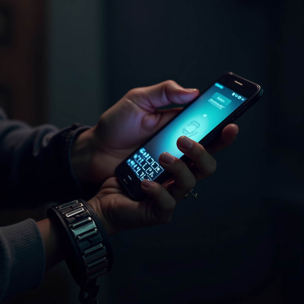 A person is using a smartphone, entering a password while handcuffed, in dim lighting.