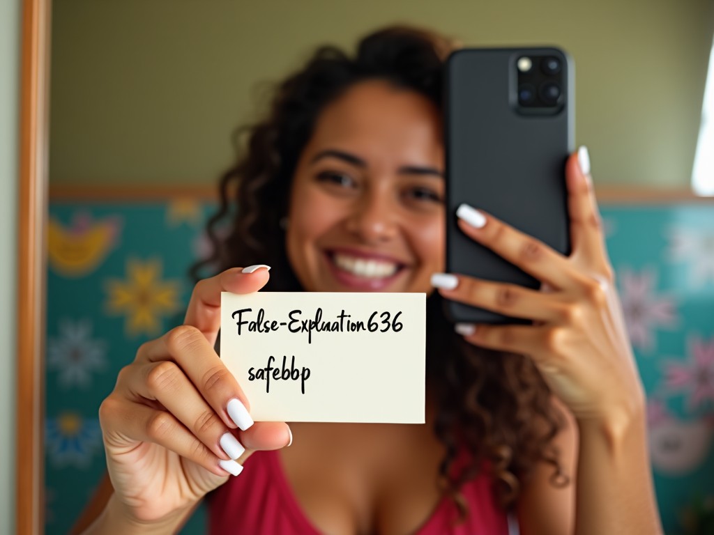 A young woman is taking a selfie while smiling at the camera. She holds a small card with words written on it. Her curly hair frames her face, and she has painted nails. The background features soft pastel colors, creating a warm atmosphere. The photo is brightly lit with natural light, emphasizing her joyful expression. She seems to be engaging with her audience, inviting interaction or sharing a message. This image captures a sense of authenticity and charm, perfect for social media contexts.