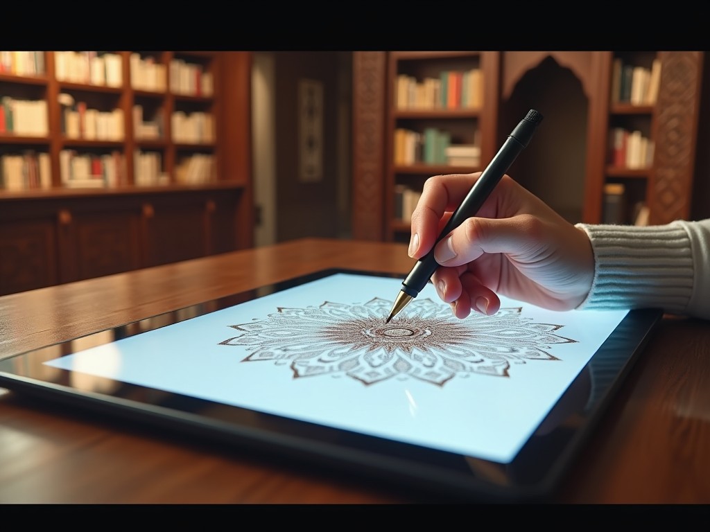 The image showcases a beautifully crafted mandala being drawn on a digital tablet. A hand, elegantly poised with a stylus, adds intricate details to the artwork. The background features a warm, inviting library filled with books, enhancing the creative atmosphere. The tablet screen displays a light blue backdrop, emphasizing the bold design being created. The warm lighting in the room sets a cozy mood for artistic inspiration.