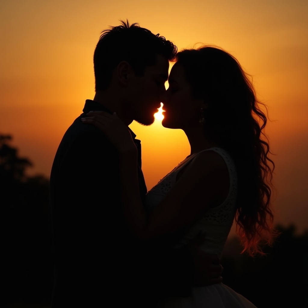 Couple shares a forehead kiss during sunset. Dark silhouettes emphasize affection. Soft light creates romance.