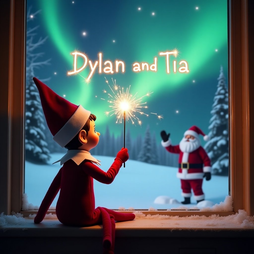 This image depicts an enchanting scene featuring an elf on the shelf, positioned with its back to the viewer. The elf is holding a sparkler which illuminates the name 'Dylan and Tia' in a shimmering glow. Beyond the window, a winter wonderland is visible, showcasing Santa Claus waving in the snow-covered landscape. The sky is adorned with vibrant northern lights, adding a magical touch to the atmosphere. Snowflakes gently fall in the foreground, enhancing the holiday spirit and creating a cozy indoor ambiance.