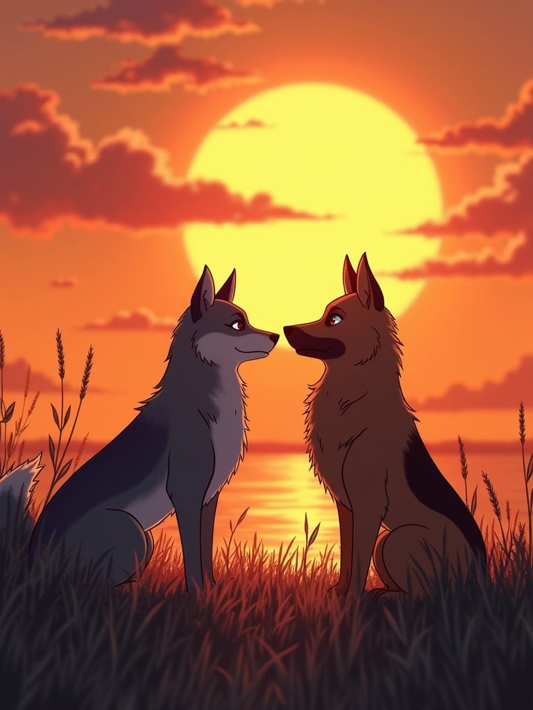 Scene featuring a gray wolf girl and a German Shepherd boy gazing at each other. Background showcases a large sunset with vibrant colors. Grass in foreground adds depth to the setting.