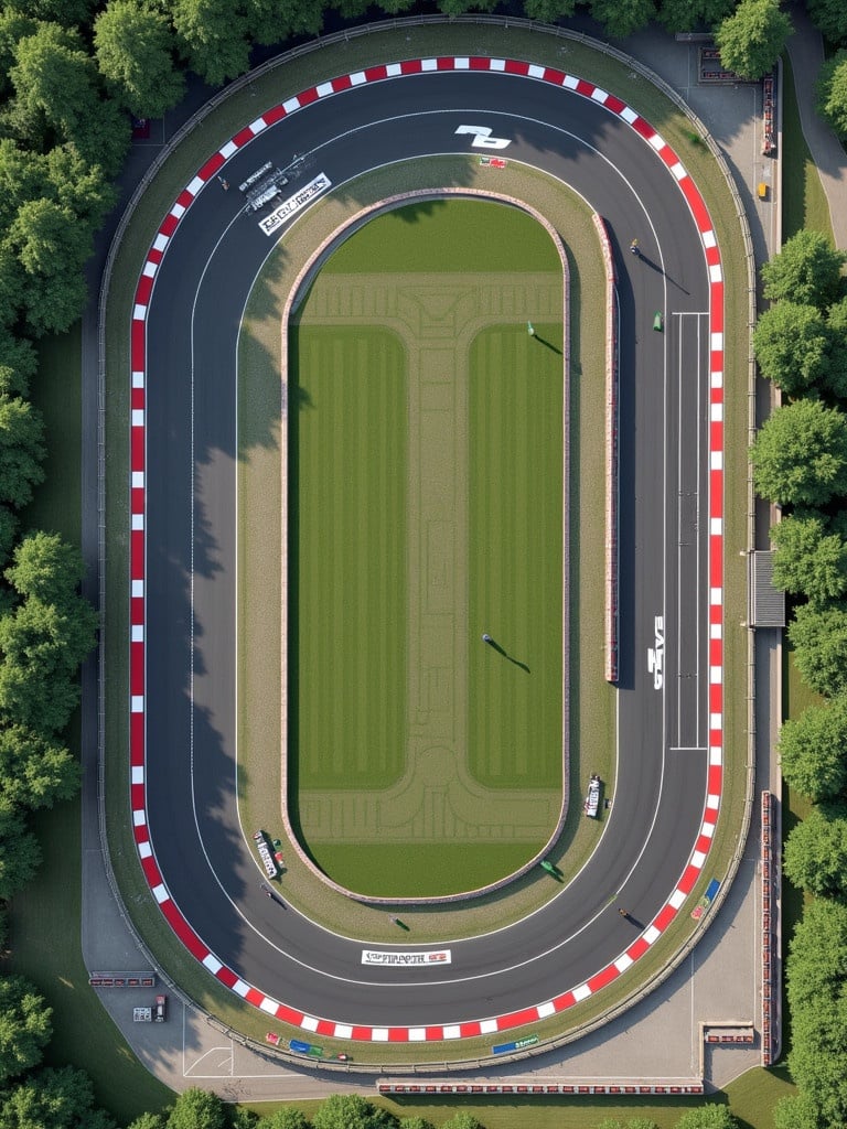 Top-down aerial view of racing track layout with straight sections. Tight hairpin turns and S curve chicane included. Features pit lane, green grass, gravel traps, safety barriers, grandstands, trackside flags, and advertisements with letters RU.