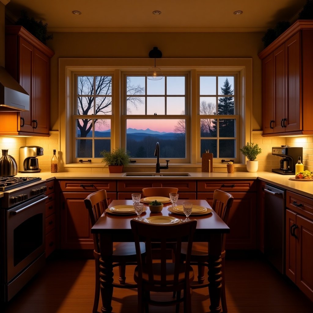 Evening scene in a kitchen with a view of mountains through a window. The kitchen has wooden cabinets, a dining table with settings, and warm lighting.