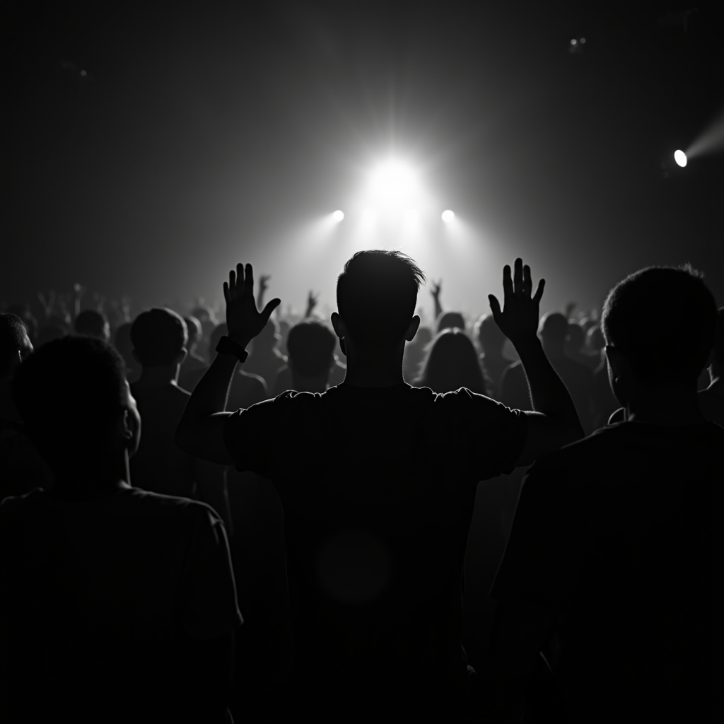 A crowd of people with raised hands stand under bright lights, creating a dramatic silhouette.