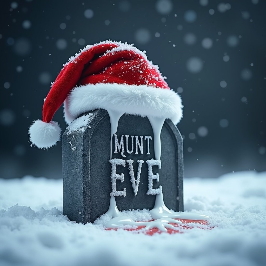 The image features a gravestone inscribed with 'Munt EVE,' adorned with a festive red Santa hat. Snow blankets the ground, creating a wintery scene. A mysterious white liquid drizzles over the gravestone and the hat, adding an intriguing touch. In the background, the words 'Munt Mass EVE' are subtly integrated into the snowy atmosphere. The overall theme is holiday-centric, mixing Christmas elements with cryptocurrency imagery.