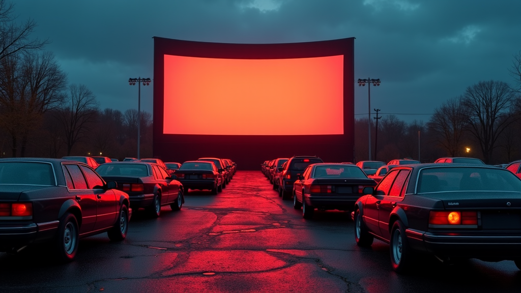 Cars parked in rows face a large drive-in movie screen glowing bright red under a moody evening sky.