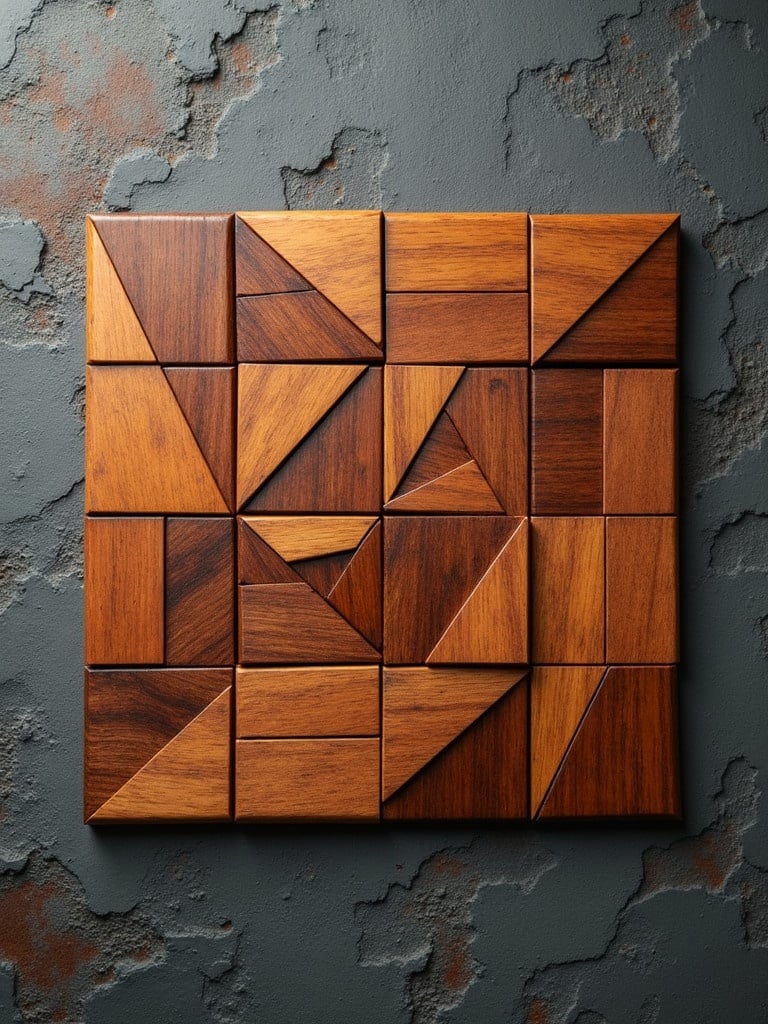 Detailed tangram puzzle made of exotic wood pieces. Displayed flat against a textured wall background. Represents Asian design with intricate patterns. Taken from a top-down view to showcase the layout of the puzzle.