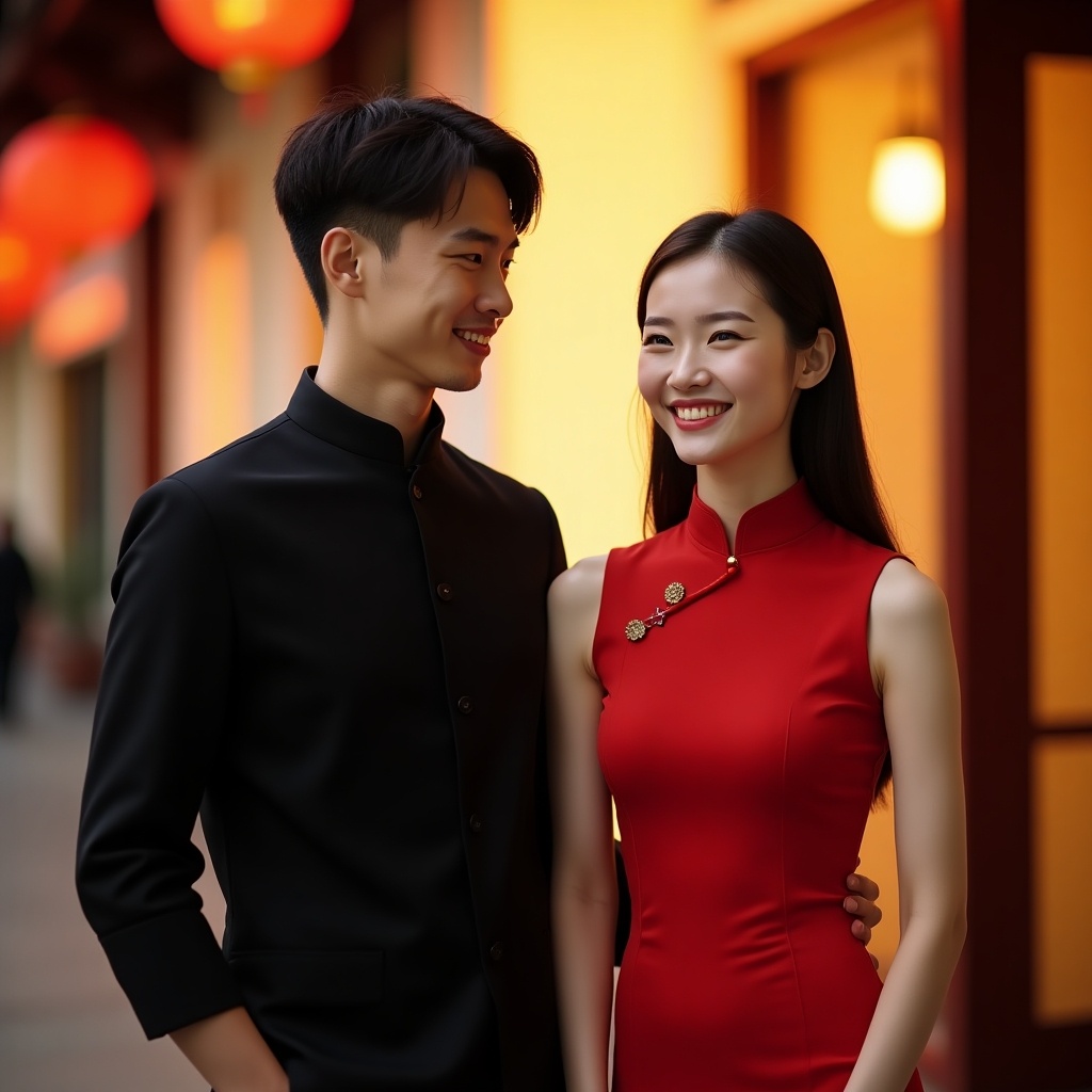 Young man stands on the left in black cheongsam. Young woman stands on the right in red cheongsam. Both look ahead with warm smiles. Scene features soft warm light in background. The setting suggests a cultural or festive occasion.