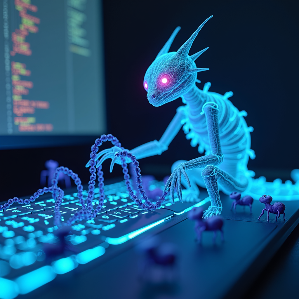 A neon-blue, digital creature with glowing eyes interacts with a keyboard surrounded by tiny purple figures, in a dark, technology-themed setting.