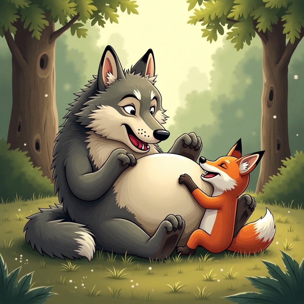 A cartoon wolf and fox play in a sunny forest. The wolf has a friendly expression. The fox touches the wolf's belly. The scene is bright and cheerful.