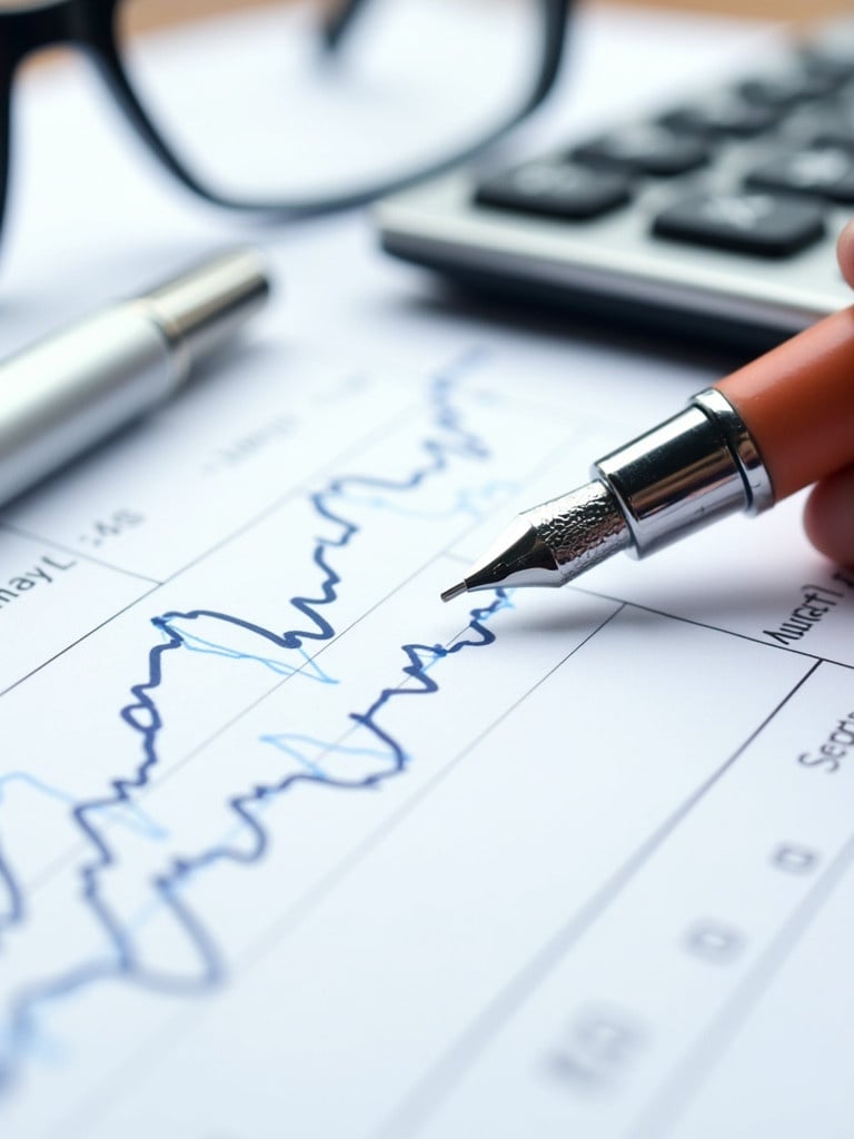 Close-up view of a financial document. The document features a line graph. A fountain pen is being held above the graph. A pair of eyeglasses is placed nearby. A calculator is visible in the background. The graph shows fluctuations in monthly data points from May to September.