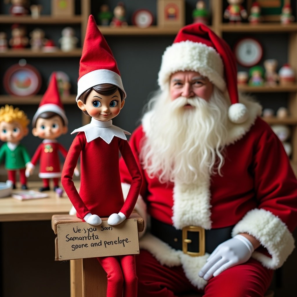 Elf on the shelf holds sign. Sign says ‘See you soon Samantha and Penelope!’. Sitting with Santa in toy workshop. Funko Pops in background. Traditional red outfit with white trim and collar.