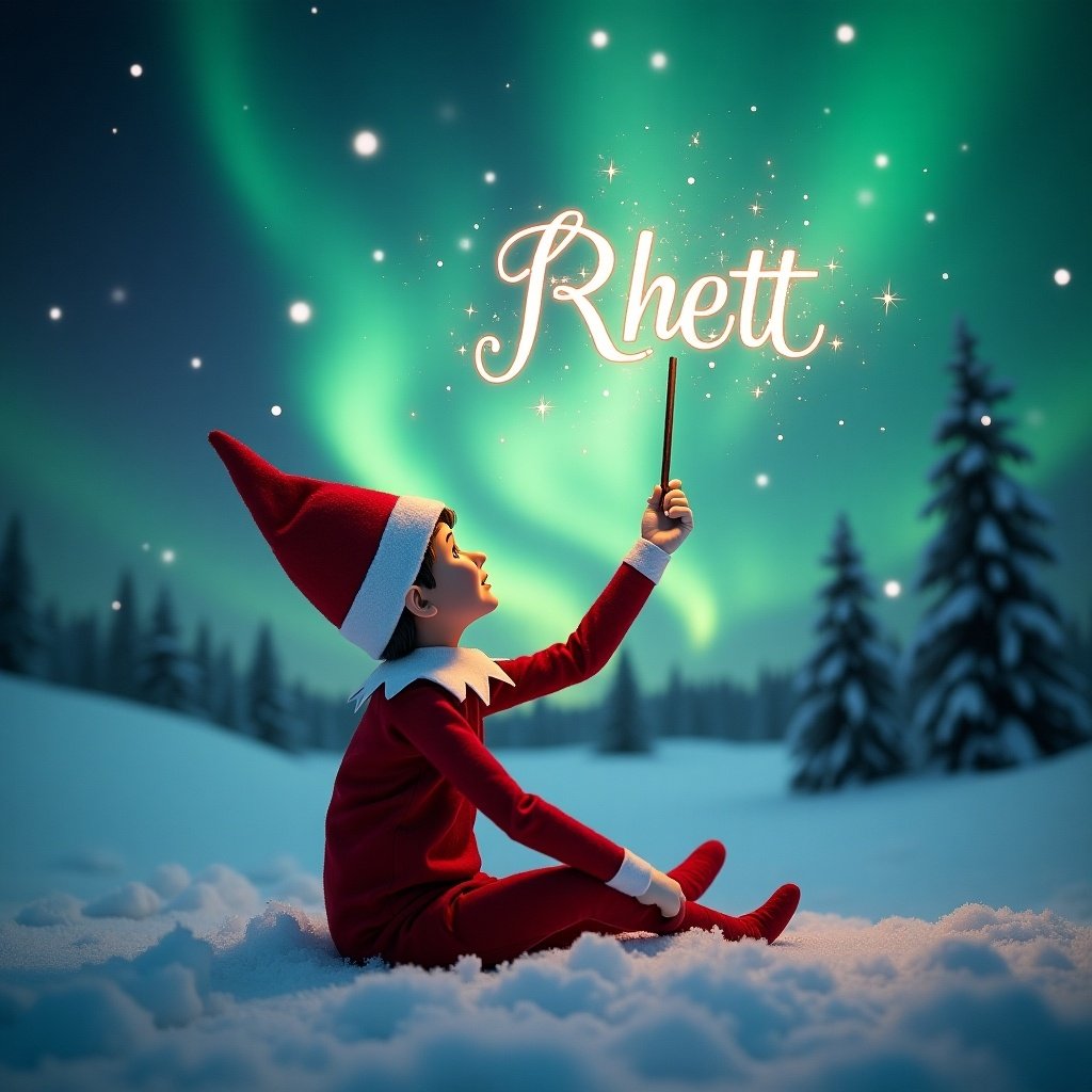 Elf on the Shelf sits in snowy landscape facing away. Elf gazes up at sky writing 'Rhett' with magic wand. Northern lights create magical ambiance. Red outfit contrasts with snow. Scene captures holiday season enchantment.