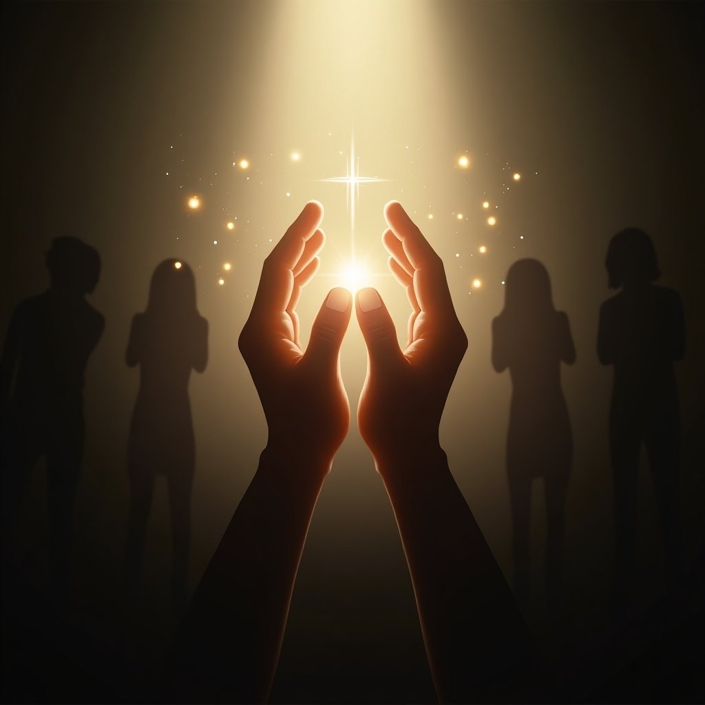 Image symbolizing prayer against evil. Hands reach towards a shining light. Silhouettes of people in the background. Light represents hope and protection from darkness.