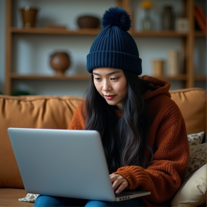 A person wearing a blue beanie and brown hoodie is focused on a laptop while sitting on a tan couch in a warmly decorated living room.