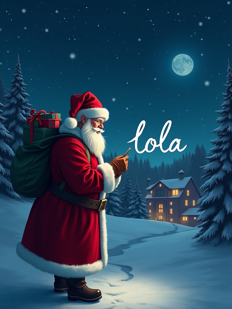 Santa Claus dressed in a red suit writes the name 'Lola' in the glowing winter night sky. The scene includes snow-covered trees and a charming house in the background under a bright moon.