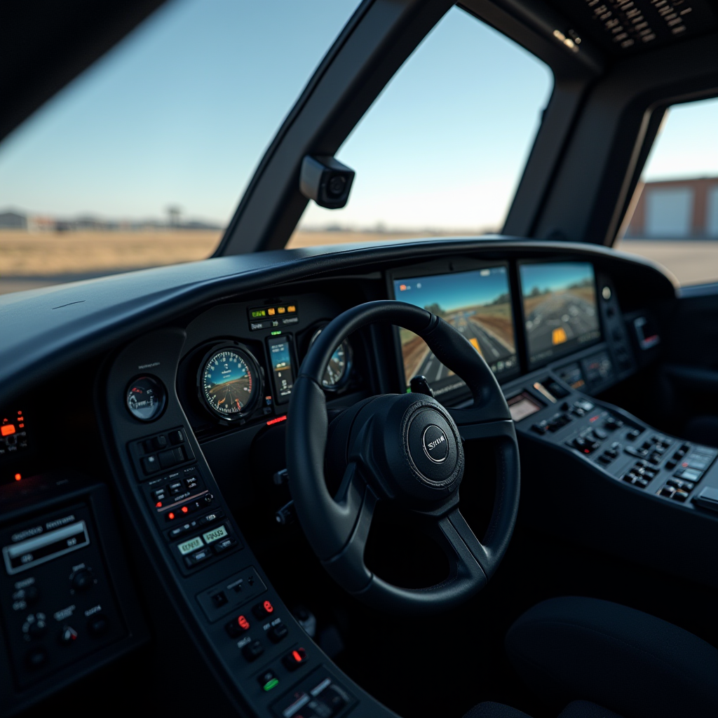 The image shows a modern vehicle cockpit with a steering wheel, digital displays, and numerous control buttons.