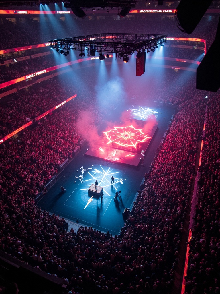 Travis Scott performs at Madison Square Garden. The concert features a 360-degree stage setup. Aerial drone view captures the crowd and stage design.